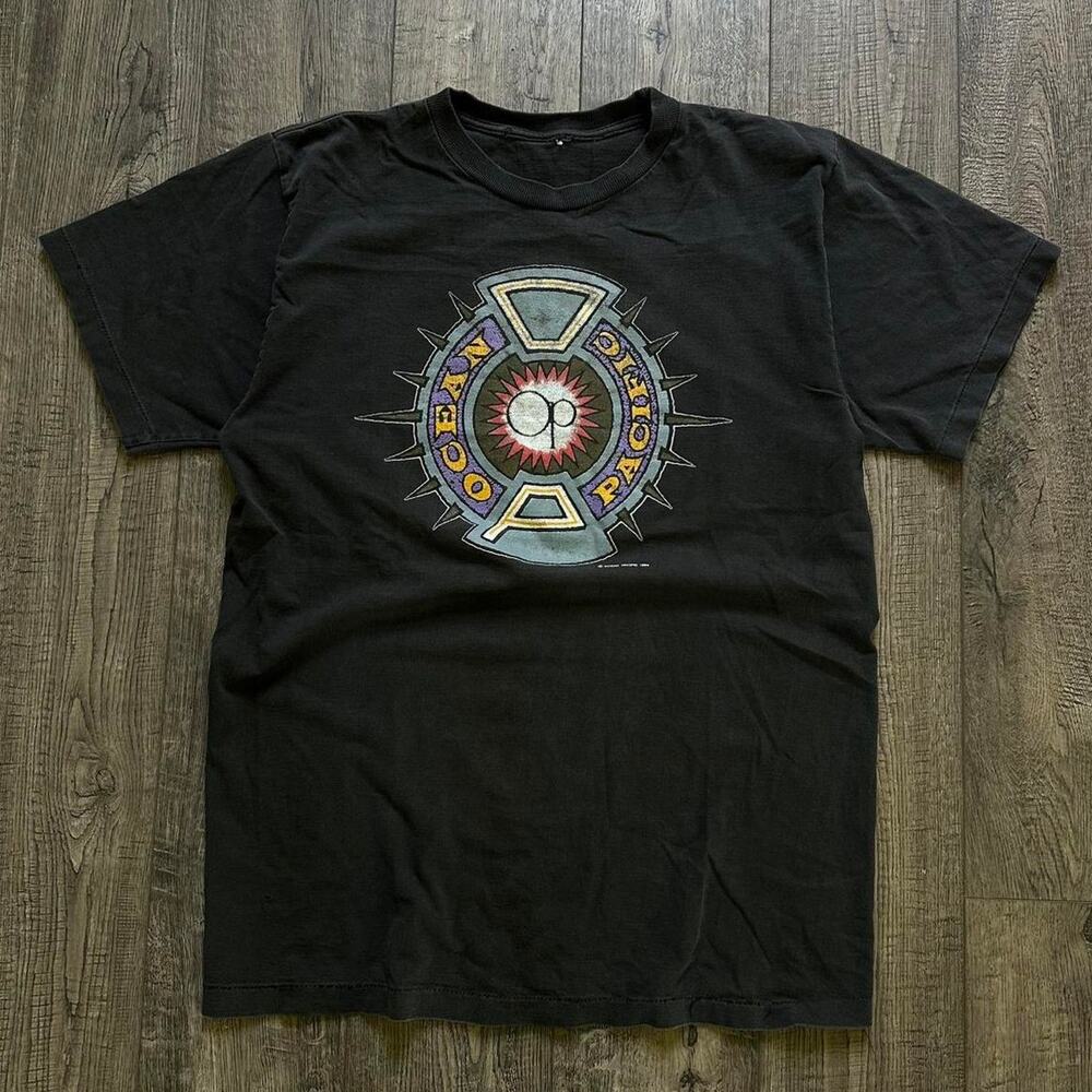Vintage 90s Ocean Pacific Black Faded Surf Skate Graphic Tee Cotton Shirt